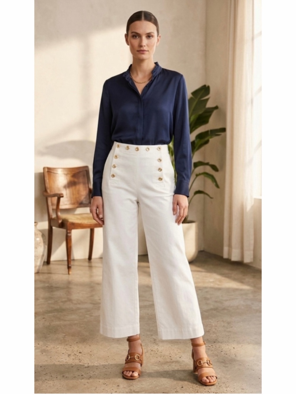 Zara ZW Collection Off-White High-Waisted Sailor Pants Gold Buttons - Size L